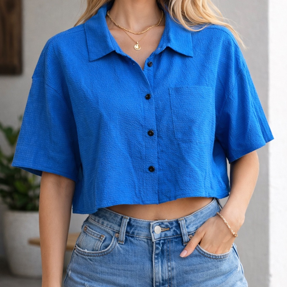 Cobalt Blue Cropped Button-Up Top – Women’s Size M – Boxy Short Sleeve Shirt